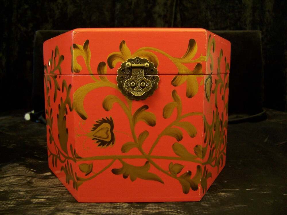 Vintage Fraktur Style Wooden Hexagonal Keepsake Box 8.5" Brass Hardware